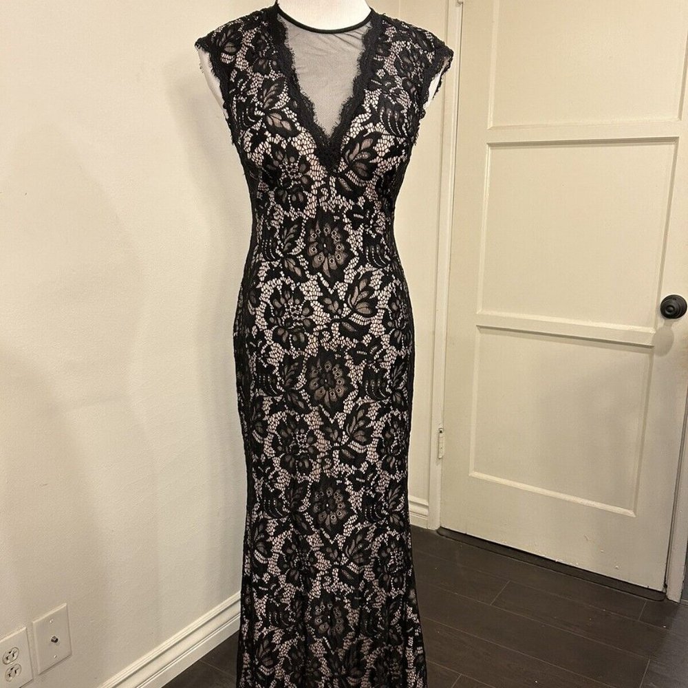 Brand New Betsy and Adam long, black peplum lace gown
